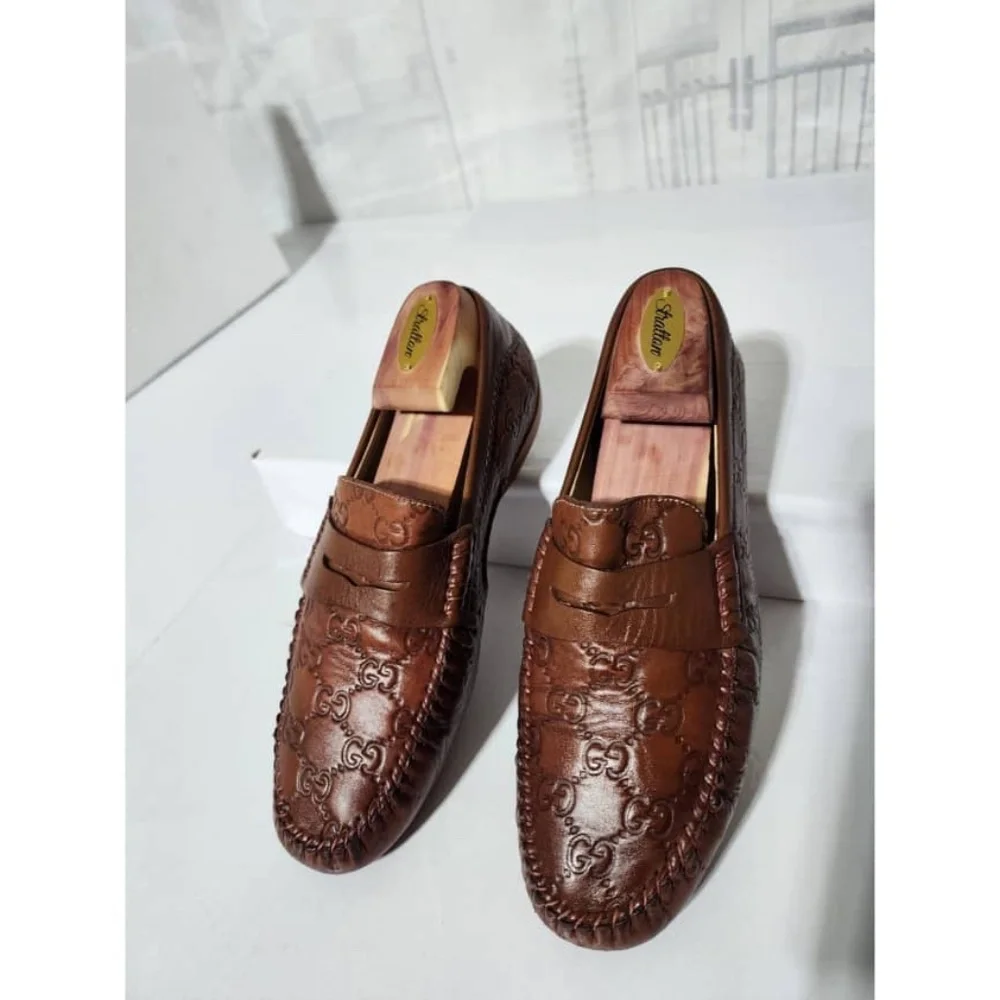 Authentic Gucci Cognac Leather Upper Geometric Loafers Brown Size 5.5 - Picture 3 of 16
